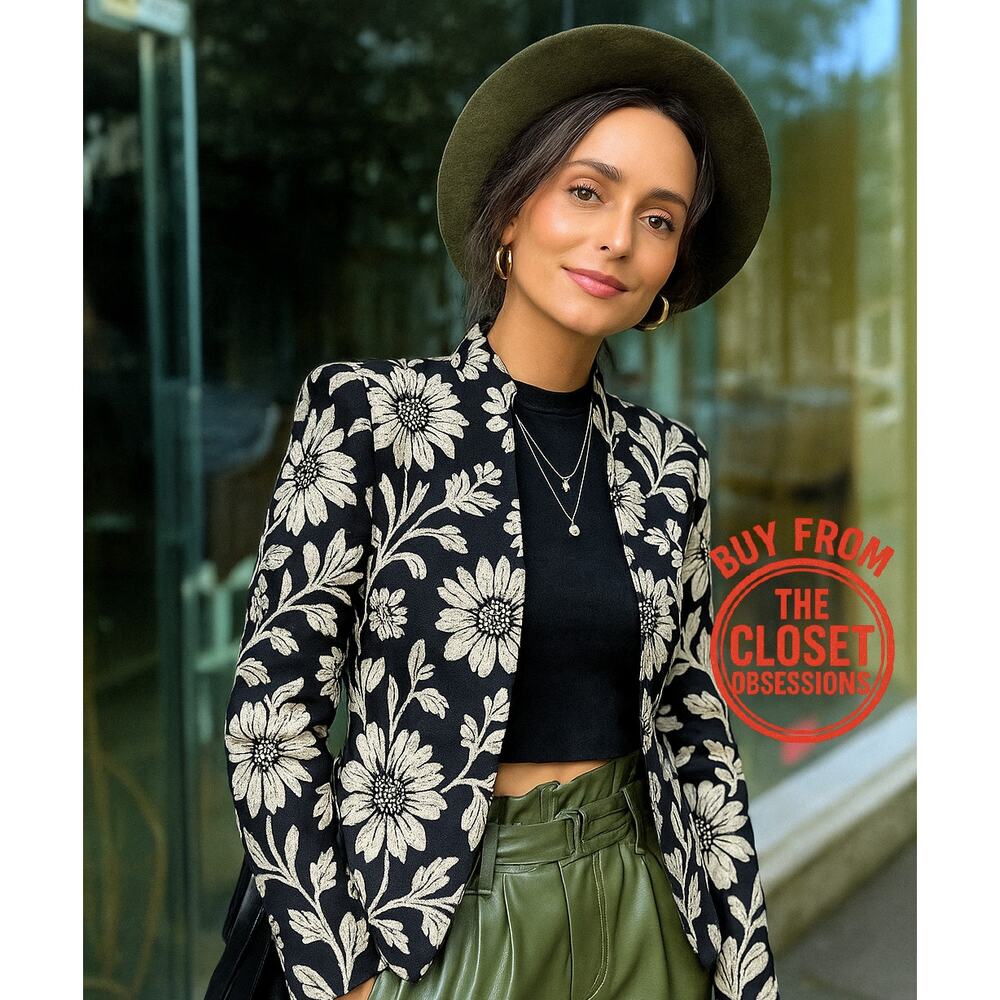 Zara NWT Black White Floral Jacquard Structured Blazer M - Picture 8 of 16
